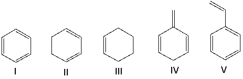 Which one of the following compounds will have the highest wavenumber for the C=C absorption?   A)  I B)  II C)  III D)  IV E)  V
