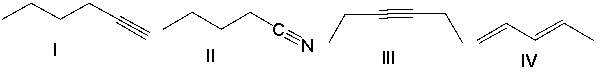 Which of the following compounds will show two sharp absorptions, one at 3300 cm<sup>-1</sup> and one at 2150 cm<sup>-1</sup>?   A)  I B)  II C)  III D)  IV E)  none of these
