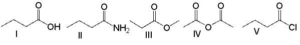Which of the following compounds will have absorptions at 1700 cm<sup>-1</sup> and 1320 cm<sup>-1</sup>?   A)  I B)  II C)  III D)  IV E)  V