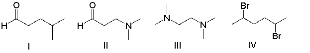Which of the following compounds will have odd m/z value for the molecular ion?   A)  I B)  II C)  III D)  IV E)  all of them