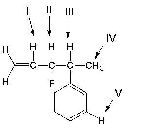 Which of the indicated protons in the following compound would appear most downfield in the <sup>1</sup>H NMR spectrum?   A)  I B)  II C)  III D)  IV E)  V