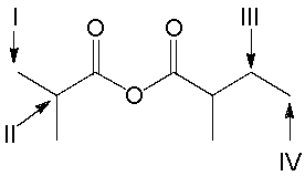 Which of the following is the best prediction of the chemical shifts for the signals in the <sup>1</sup>H NMR spectrum for the following compound?   A)  I=0.9 ppm, II=2.7 ppm, III=1.2 ppm, IV=0.9 ppm B)  I=1.1 ppm, II=3.2 ppm, III=1.4 ppm, IV=0.9 ppm C)  I=0.9 ppm, II=1.7 ppm, III=1.2 ppm, IV=1.1 ppm D)  I=0.9 ppm, II=1.9 ppm, III=3.4 ppm, IV=0.9 ppm E)  none of these