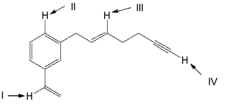 Which of the following protons appear most upfield in the <sup>1</sup>H NMR spectrum?   A)  I B)  II C)  III D)  IV E)  none of these