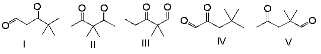 Which of the following compounds will display only two singlets in its <sup>1</sup>H NMR spectrum?   A)  I B)  II C)  III D)  IV E)  V