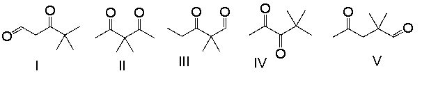 Which of the following compounds will display only three singlets in its <sup>1</sup>H NMR spectrum?   A)  I B)  II C)  III D)  IV E)  V