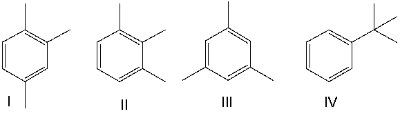 A compound with a molecular formula C<sub>9</sub>H<sub>12 </sub>has the following <sup>1</sup>H NMR spectrum. Which of the following structures is consistent with this spectrum?     A)  I B)  II C)  III D)  IV E)  none of these