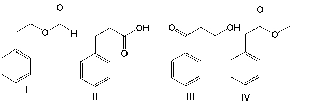 A compound with a molecular formula C<sub>9</sub>H<sub>10</sub>O<sub>2</sub> has the following <sup>1</sup>H NMR spectrum. Which of the following structures is consistent with this spectrum? SHAPE \* MERGEFORMAT       A)  I B)  II C)  III D)  IV E)  none of these