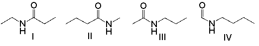 A compound with a molecular formula C<sub>5</sub>H<sub>11</sub>NO has the following <sup>1</sup>H NMR spectrum. The IR spectrum shows an absorption at around 3400 cm<sup>-1</sup>. Which of the following structures is consistent with this spectrum?     A)  I B)  II C)  III D)  IV E)  none of these