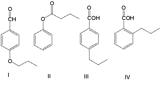 A compound with a molecular formula of C<sub>10</sub>H<sub>12</sub>O<sub>2</sub> has the following <sup>1</sup>H NMR spectrum. Which of the following structures is consistent with this spectrum?  SHAPE \* MERGEFORMAT          A)  I B)  II C)  III D)  IV E)  none of these