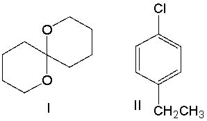 How many signals would you expect to find in the <sup>13</sup>C NMR spectrum of the following compounds?   A)  I - 5, II - 8 B)  I - 3, II - 6 C)  I - 4, II - 8 D)  I - 5, II - 6 E)  I - 3, II - 3