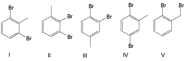 Which of the following compounds will display five signals in its <sup>13</sup>C NMR spectrum?   A)  I B)  II C)  III D)  IV E)  V