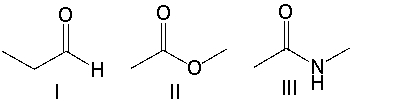 Which of the following compounds will not display a carbonyl carbon signal in the DEPT-90 and DEPT-135 <sup>13</sup>C NMR spectroscopy?    A) I B)  II C) III D) II and III E)  I and II