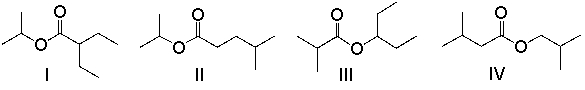 Which of the following compounds, with molecular formula C<sub>9</sub>H<sub>18</sub>O<sub>2</sub>, is consistent with the <sup>1</sup>H NMR and <sup>13</sup>C NMR spectra shown below? SHAPE \* MERGEFORMAT         A)  I B)  II C)  III D)  IV E)  None of these