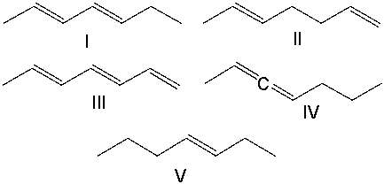 Which of the following compounds is an isolated diene?   A)  I B)  II C)  III D)  IV E)  V