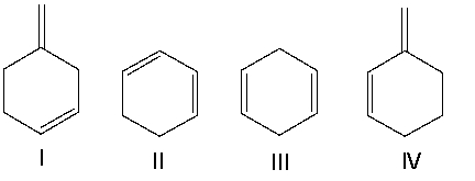 Identify the conjugated diene(s) .   A)  I B)  II C)  III D)  IV E)  II & IV