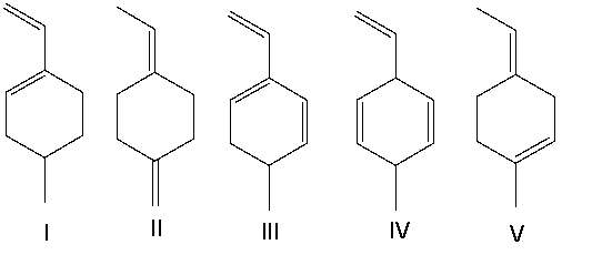 Which of the following compounds have conjugated double bonds?   A)  II and V B)  II, IV, and V C)  I and III D)  I, III, and IV E)  all of them