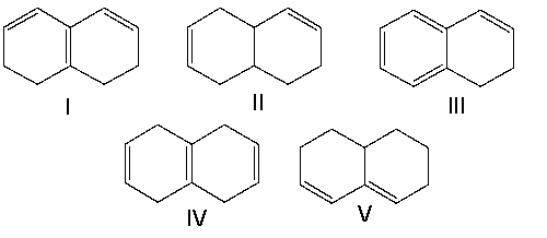 Which of the following compounds have isolated double bonds?   A)  II and IV B)  III and V C)  I, III, and V D)  I and V E)  I and III