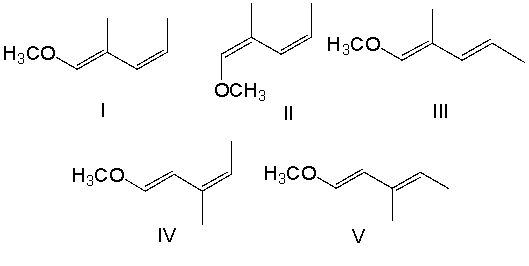 Provide the structure for (1E,3Z) -1-methoxy-2-methyl-1,3-pentadiene.   A)  I B)  II C)  III D)  IV E)  V