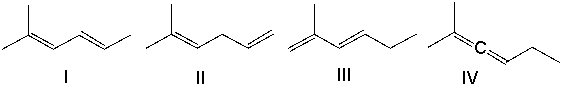 Rank the following dienes in order of increasing stability (least to most) .   A)  I < IV < III < II B)  III < II < I < IV C)  IV < II < III < I D)  II < IV < III < I E)  IV < III < II < I