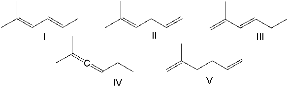 Which one of the following dienes will have the lowest heat of hydrogenation?   A)  I B)  II C)  III D)  IV E)  V