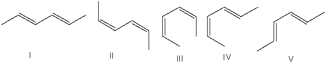 Which one of the following dienes will have the highest heat of hydrogenation?   A)  I B)  II C)  III D)  IV E)  V