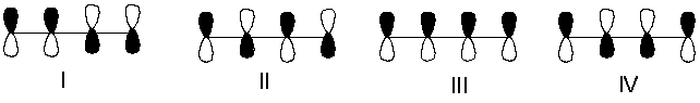 Which one of the following represents the lowest energy  \pi -bonding molecular orbital of 1,3-butadiene?   A)  I B)  II C)  III D)  IV 
