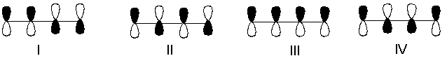  Which one of the following represents the highest energy  \pi -antibonding molecular orbital of 1,3-butadiene?   A)  I B)  II C)  III D)  IV 