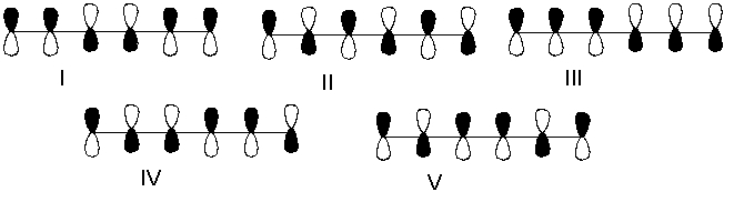 Which one of the following represents the HOMO of 1,3,5-hexatriene?   A)  I B)  II C)  III D)  IV E)  V