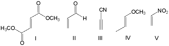Which one of the following dienophiles is least reactive in the Diels-Alder reaction?   A)  I B)  II C)  III D)  IV E)  V