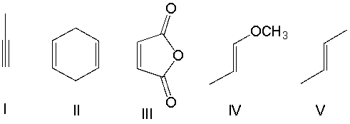 Which one of the following dienophiles is most reactive in the Diels-Alder reaction?   A)  I B)  II C)  III D)  IV E)  V