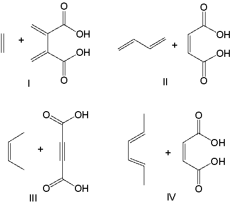 Which diene and dienophile would react to give the following Diels-Alder product?     A)  I B)  II C)  III D)  IV
