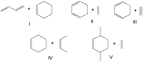 Which diene and dienophile would react to give the following Diels-Alder product?     A)  I B)  II C)  III D)  IV E)  V