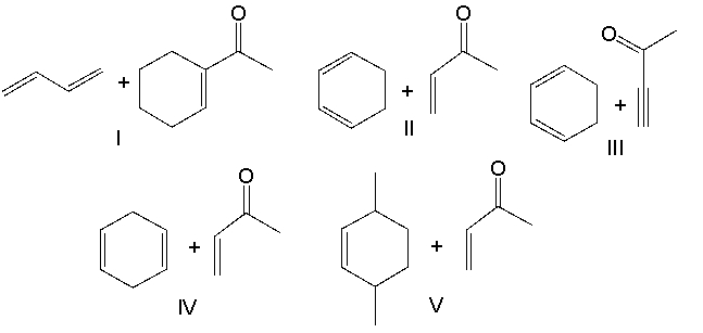 Which diene and dienophile would react to give the following Diels-Alder product?     A)  I B)  II C)  III D)  IV E)  V