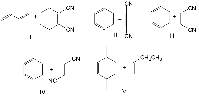 Which diene and dienophile would react to give the following Diels-Alder product?     A)  I B)  II C)  III D)  IV E)  V