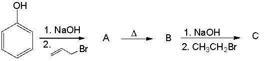 Provide the structures of A, B and C for the following reaction sequence.  