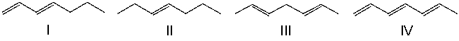  Which of the following compounds has the shortest  \lambda <sub>max</sub>?   A)  I B)  II C)  III D)  IV 