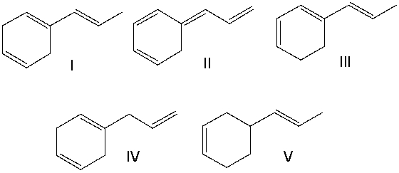  Which of the following compounds has the longest  \lambda <sub>max</sub>?   A)  I B)  II C)  III D)  IV E)  V 