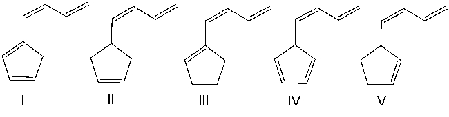  Which of the following compounds has the longest l \lambda <sub>max</sub>?   A)  I B)  II C)  III D)  IV E)  V 