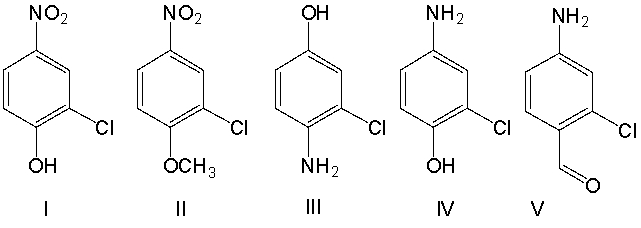 What is the correct structure for 4-amino-2-chlorophenol?   A)  I B)  II C)  III D)  IV E)  V