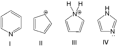 Which one of the following compounds is antiaromatic?   A)  I B)  II C)  III D)  IV E)  none of these