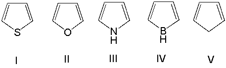 Which one of the following compounds is antiaromatic?   A)  I B)  II C)  III D)  IV E)  V