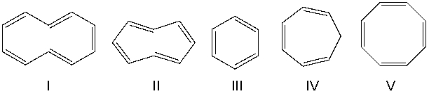 Identify the structure that is not an annulene.   A)  I B)  II C)  III D)  IV E)  V