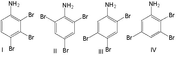 Which of the following isomer(s)  of tribromoaniline will show two doublets with 7.5 Hz coupling in <sup>1</sup>H NMR spectrum?   A)  I B)  II C)  III D)  IV E)  II & IV