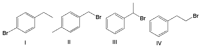  Which of the following structures with molecular formula C<sub>8</sub>H<sub>9</sub>Br, is consistent with the following <sup>1</sup>H NMR spectrum. <sup>1</sup>H NMR: 2.8  \delta  (triplet, 2H) , 4.65  \delta  (triplet, 2H) , 7.2  \delta  (multiplet, 5H)    A)  I B)  II C)  III D)  IV E)  none of these 