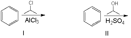 Which of the following reactions would produce isopropylbenzene as the major product?     A)  I B)  II C)  III D)  IV E)  all of these