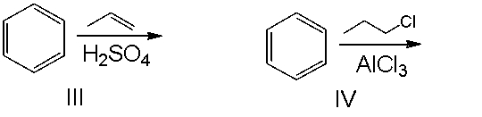 Which of the following reactions would produce isopropylbenzene as the major product?     A)  I B)  II C)  III D)  IV E)  all of these