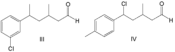 What is the correct structure for 3-methyl-5-(4-chlorophenyl) hexanal?       A)  I B)  II C)  III D)  IV E)  V