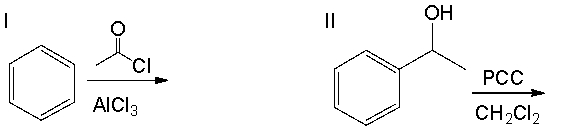 Which of the following reactions will produce acetophenone as a major product?     A)  I B)  II C)  III D)  IV E)  all of these