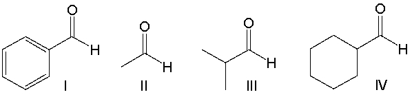 Which of the following compounds is least reactive towards a nucleophilic addition reaction?   A)  I B)  II C)  III D)  IV E)  Both I & IV