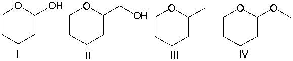 Which of the following compounds can be classified as an acetal?   A)  I B)  II C)  III D)  IV E)  none of these